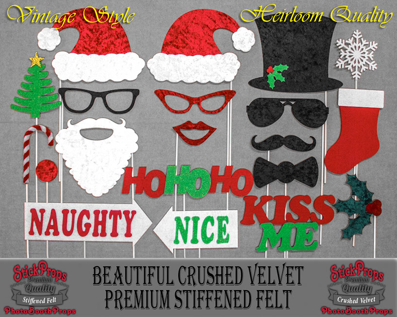 Christmas Photo Booth Props Classy Vintage Style Velvet and Felt Santa, Frosty Snowman, Naughty and Nice Sign Props
